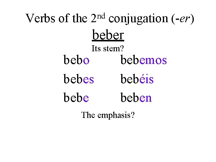 Verbs of the 2 nd conjugation (-er) beber Its stem? b ebo b ebes Verbs of the 2 nd conjugation (-er) beber Its stem? b ebo b ebes
