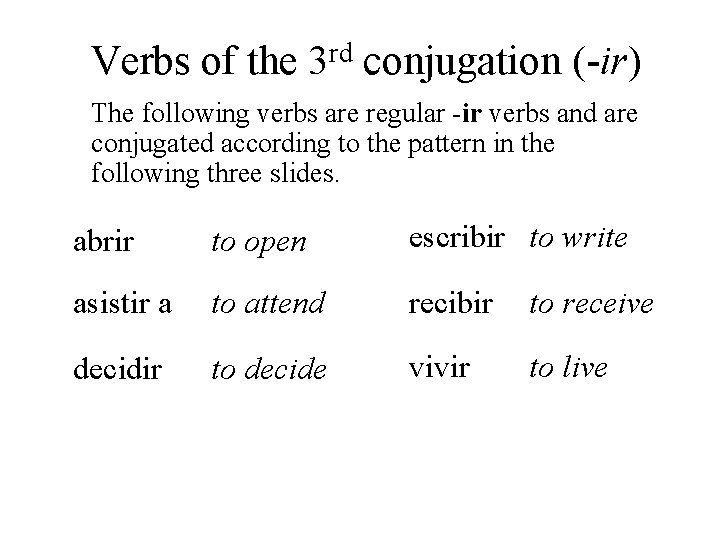 Verbs of the 3 rd conjugation (-ir) The following verbs are regular -ir verbs Verbs of the 3 rd conjugation (-ir) The following verbs are regular -ir verbs