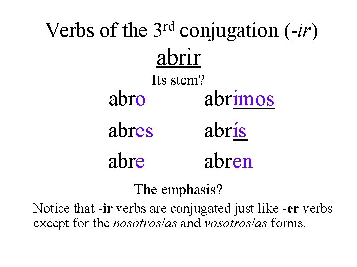 Verbs of the 3 rd conjugation (-ir) abrir Its stem? aabro a abres a Verbs of the 3 rd conjugation (-ir) abrir Its stem? aabro a abres a
