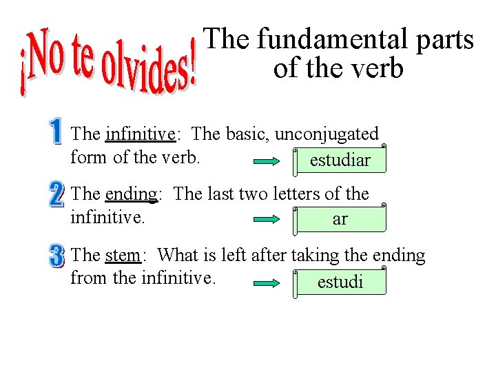The fundamental parts of the verb The infinitive: The basic, unconjugated form of the The fundamental parts of the verb The infinitive: The basic, unconjugated form of the