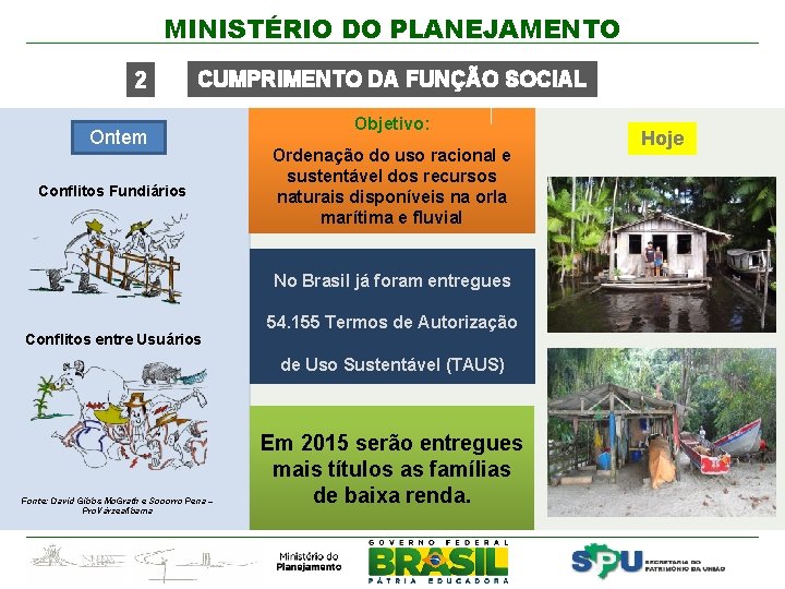 MINISTÉRIO DO PLANEJAMENTO 2 CUMPRIMENTO DA FUNÇÃO SOCIAL Ontem Conflitos Fundiários Objetivo: Ordenação do