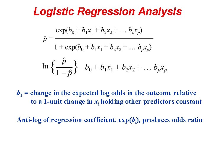 Logistic Regression Analysis b 1 = change in the expected log odds in the