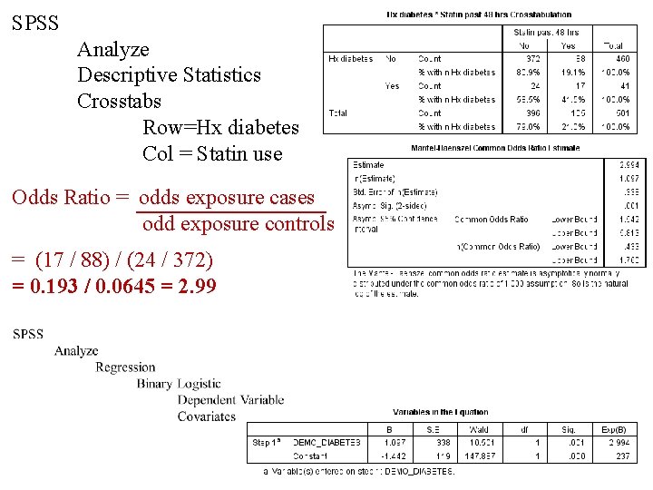 SPSS Analyze Descriptive Statistics Crosstabs Row=Hx diabetes Col = Statin use Odds Ratio =