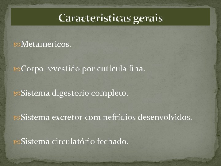 Características gerais Metaméricos. Corpo revestido por cutícula fina. Sistema digestório completo. Sistema excretor com