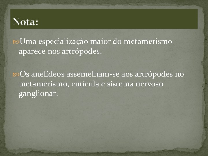 Nota: Uma especialização maior do metamerismo aparece nos artrópodes. Os anelídeos assemelham-se aos artrópodes