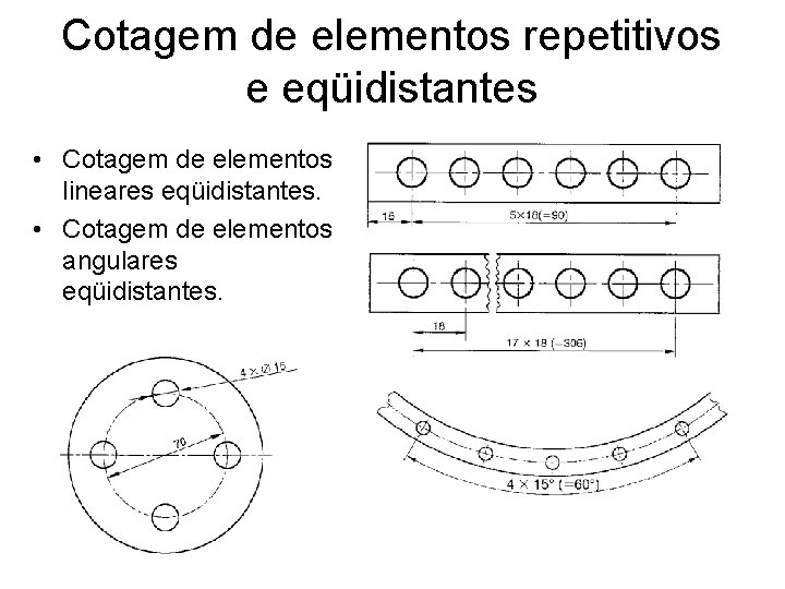 Cotagem de elementos repetitivos e eqüidistantes • Cotagem de elementos lineares eqüidistantes. • Cotagem