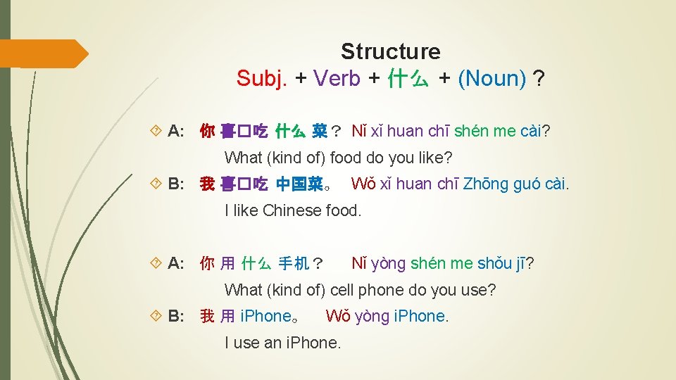 Structure Subj. + Verb + 什么 + (Noun) ? A: 你 喜�吃 什么 菜？