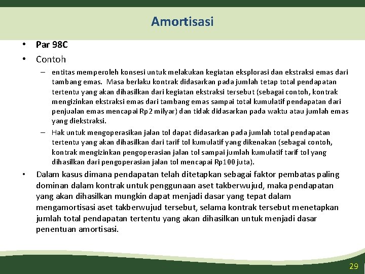 Amortisasi • Par 98 C • Contoh – entitas memperoleh konsesi untuk melakukan kegiatan