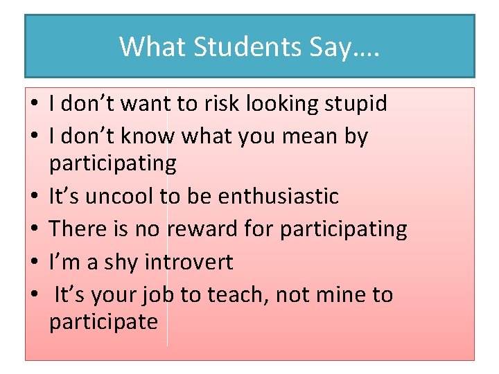 What Students Say…. • I don’t want to risk looking stupid • I don’t