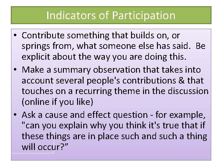 Indicators of Participation • Contribute something that builds on, or springs from, what someone