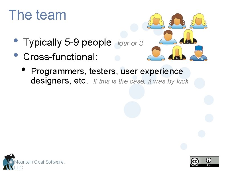 The team • • Typically 5 -9 people four or 3 Cross-functional: • Programmers,