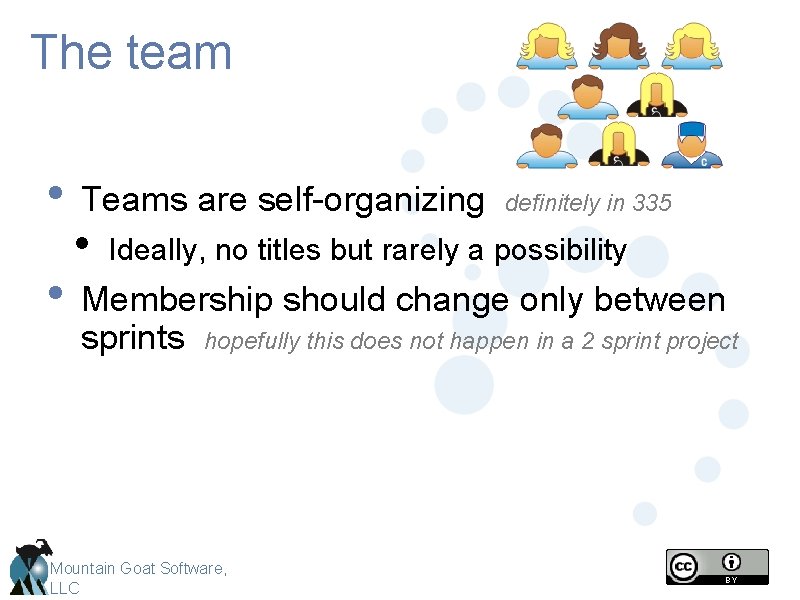 The team • • Teams are self-organizing definitely in 335 • Ideally, no titles