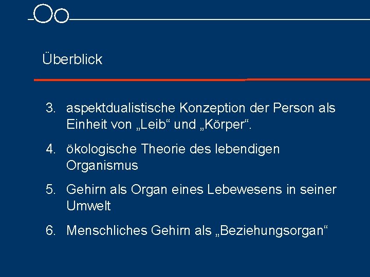 Überblick 3. aspektdualistische Konzeption der Person als Einheit von „Leib“ und „Körper“. 4. ökologische