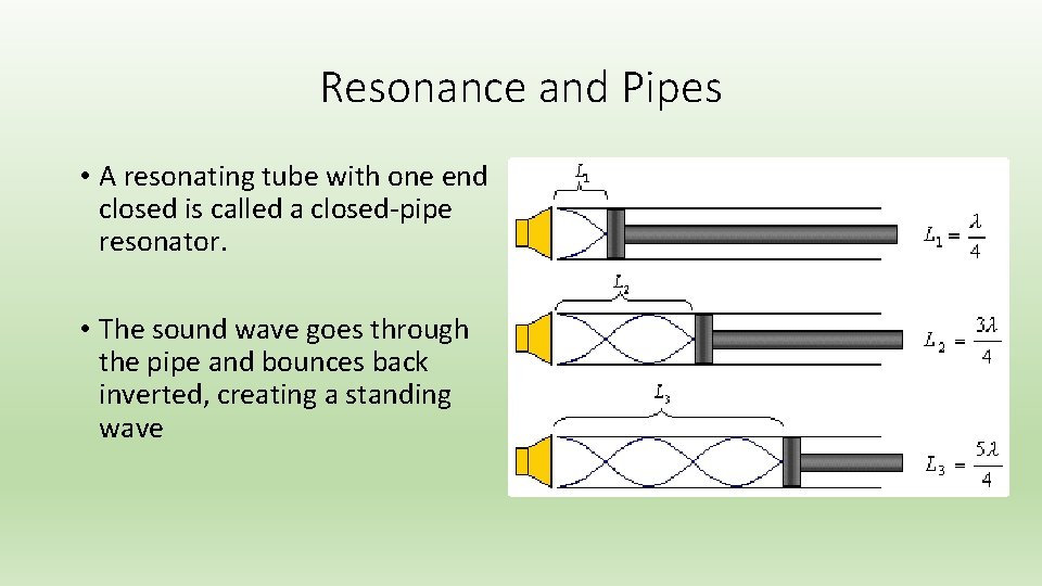 Resonance and Pipes • A resonating tube with one end closed is called a