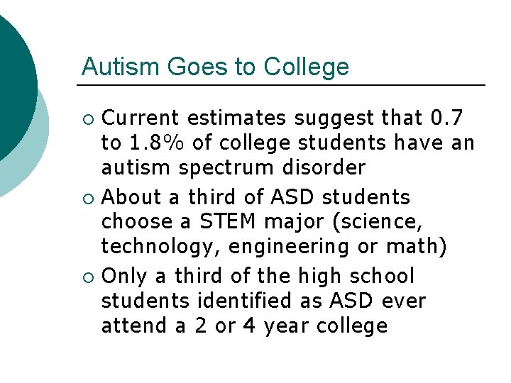 Autism Goes to College Current estimates suggest that 0. 7 to 1. 8% of