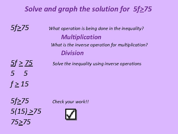 Solve and graph the solution for 5 f>75 What operation is being done in Solve and graph the solution for 5 f>75 What operation is being done in