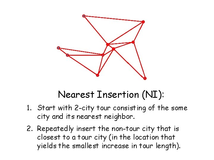 Nearest Insertion (NI): 1. Start with 2 -city tour consisting of the some city