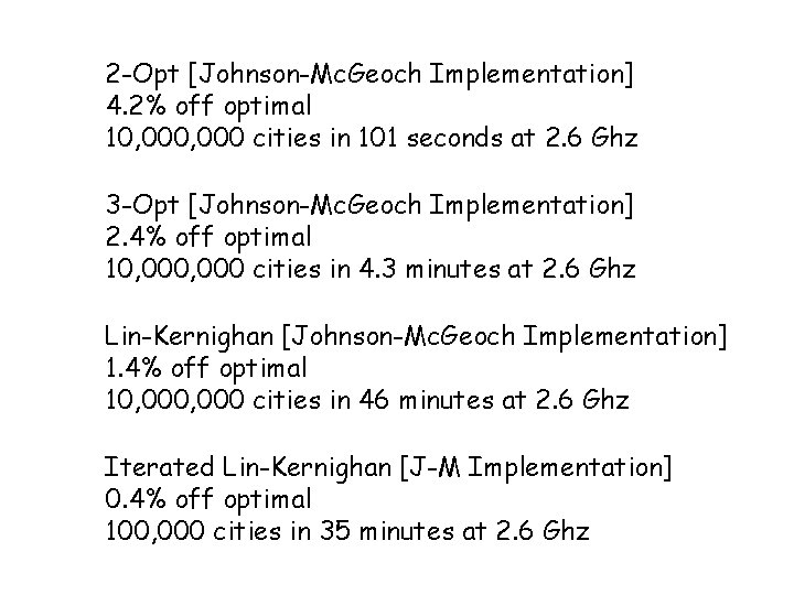 2 -Opt [Johnson-Mc. Geoch Implementation] 4. 2% off optimal 10, 000 cities in 101