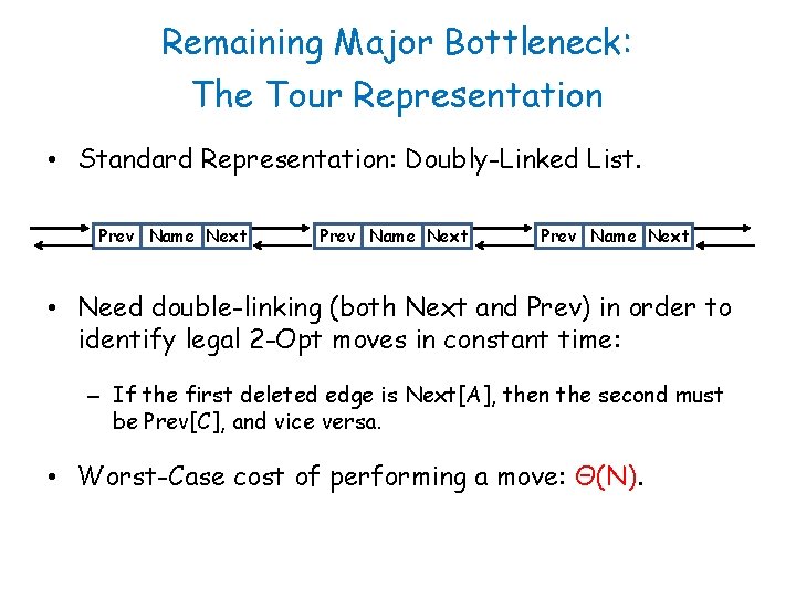 Remaining Major Bottleneck: The Tour Representation • Standard Representation: Doubly-Linked List. Prev Name Next