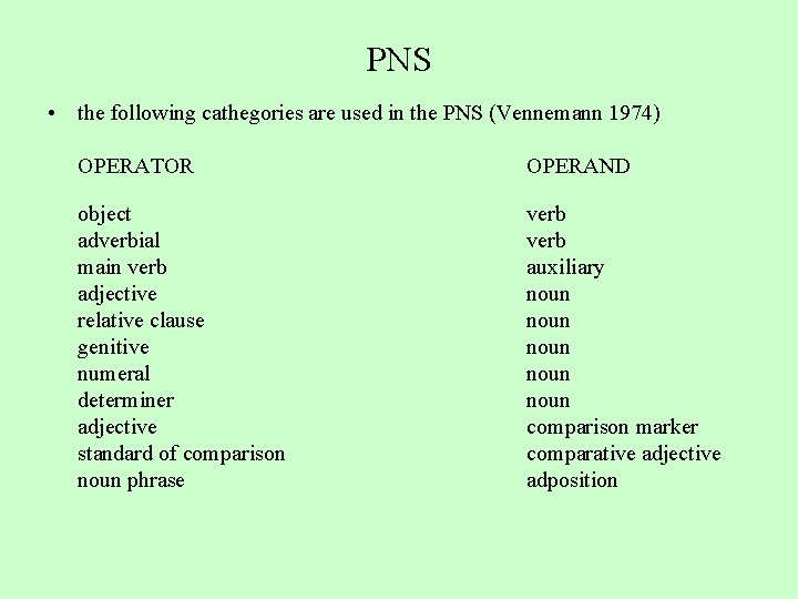 PNS • the following cathegories are used in the PNS (Vennemann 1974) OPERATOR OPERAND