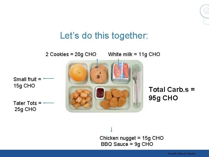 Let’s do this together: 2 Cookies = 20 g CHO Small fruit = 15