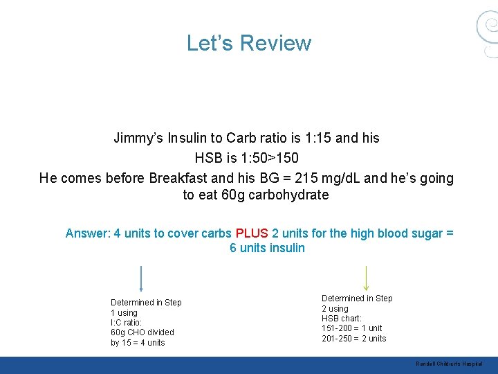 Let’s Review Jimmy’s Insulin to Carb ratio is 1: 15 and his HSB is