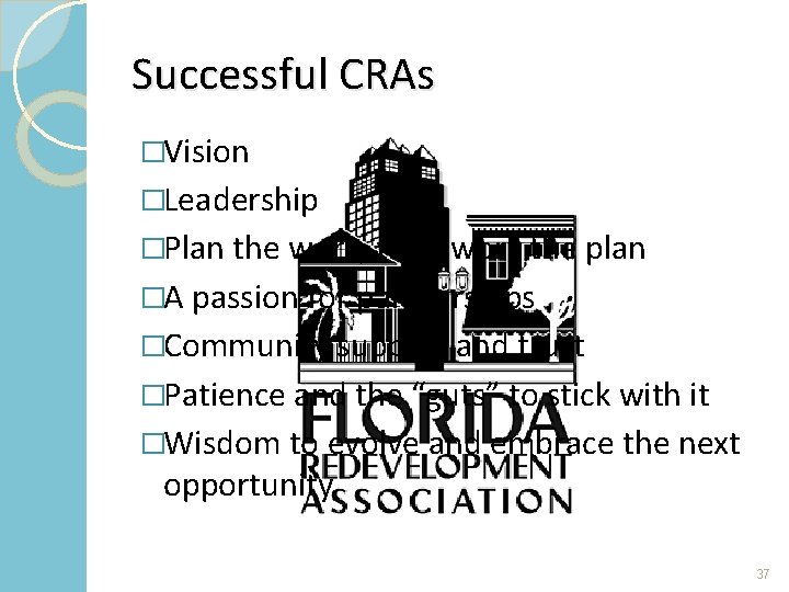 Successful CRAs �Vision �Leadership �Plan the work, then work the plan �A passion for