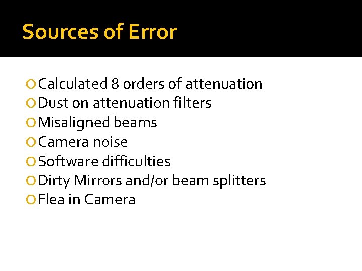 Sources of Error Calculated 8 orders of attenuation Dust on attenuation filters Misaligned beams