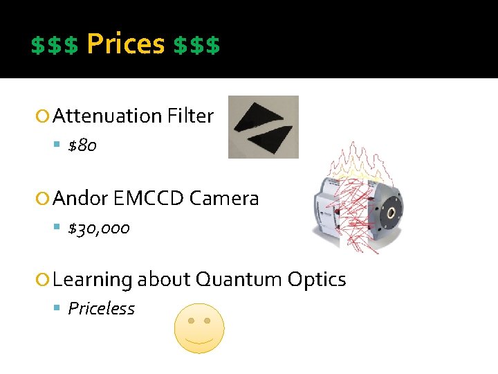 $$$ Prices $$$ Attenuation Filter $80 Andor EMCCD Camera $30, 000 Learning about Quantum