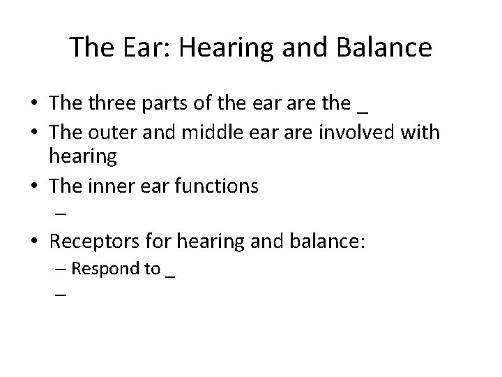 The Ear: Hearing and Balance • The three parts of the ear are the