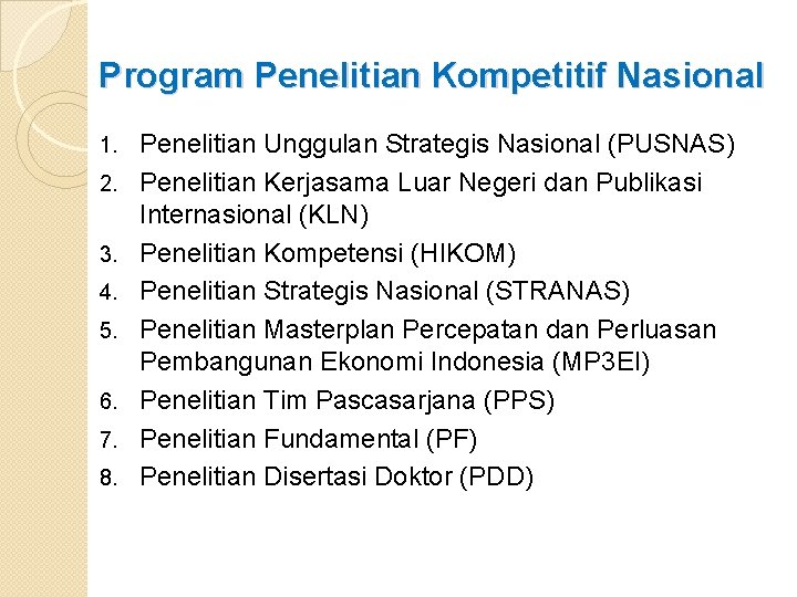 Program Penelitian Kompetitif Nasional 1. 2. 3. 4. 5. 6. 7. 8. Penelitian Unggulan