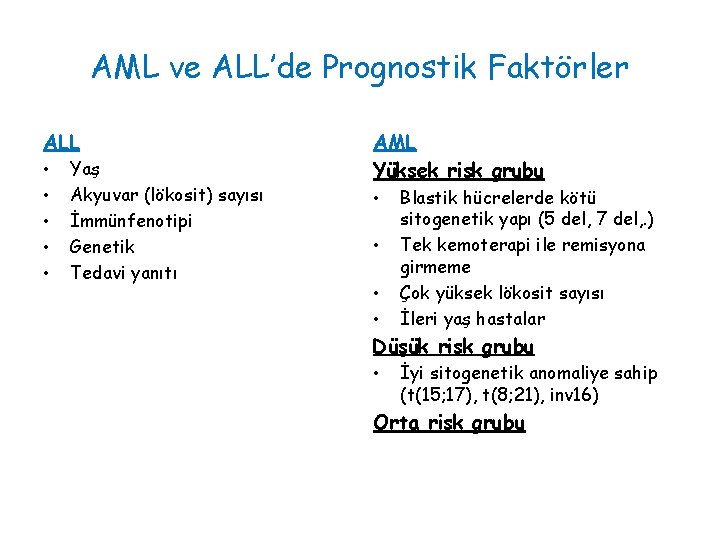 AML ve ALL’de Prognostik Faktörler ALL • • • Yaş Akyuvar (lökosit) sayısı İmmünfenotipi