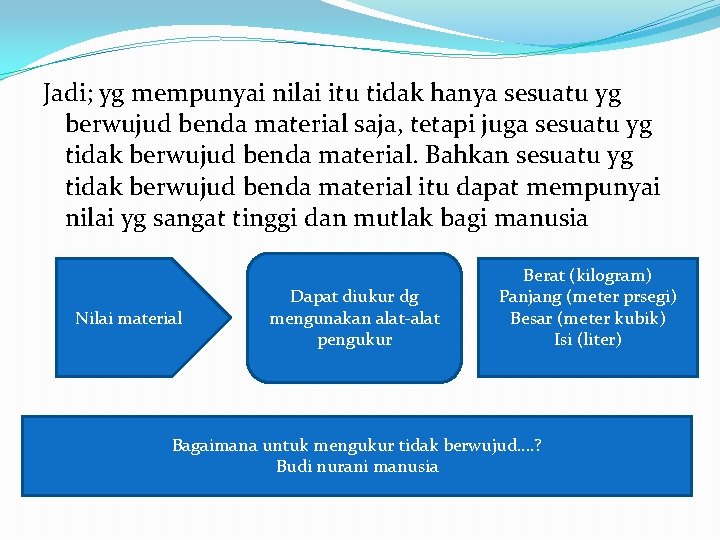 Jadi; yg mempunyai nilai itu tidak hanya sesuatu yg berwujud benda material saja, tetapi