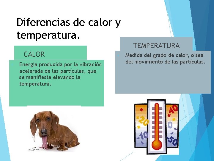 Diferencias de calor y temperatura. TEMPERATURA CALOR • Energía producida por la vibración acelerada