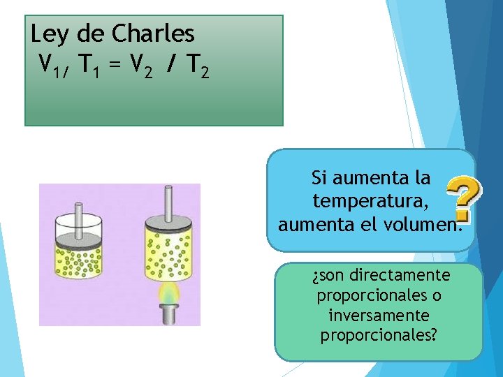 Ley de Charles V 1/ T 1 = V 2 / T 2 Si