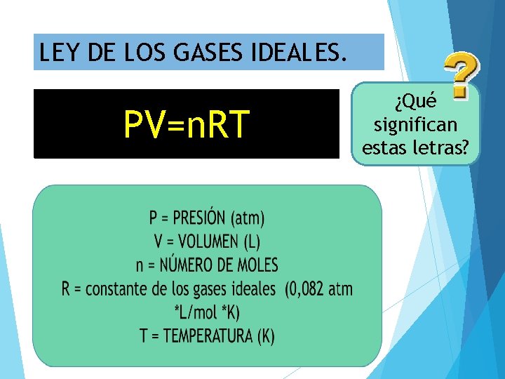 LEY DE LOS GASES IDEALES. PV=n. RT ¿Qué significan estas letras? 