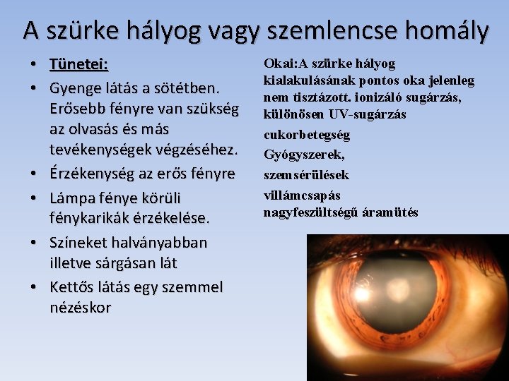 A szürke hályog vagy szemlencse homály • Tünetei: • Gyenge látás a sötétben. Erősebb