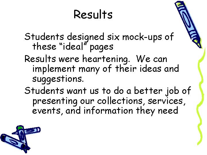 Results Students designed six mock-ups of these “ideal” pages Results were heartening. We can