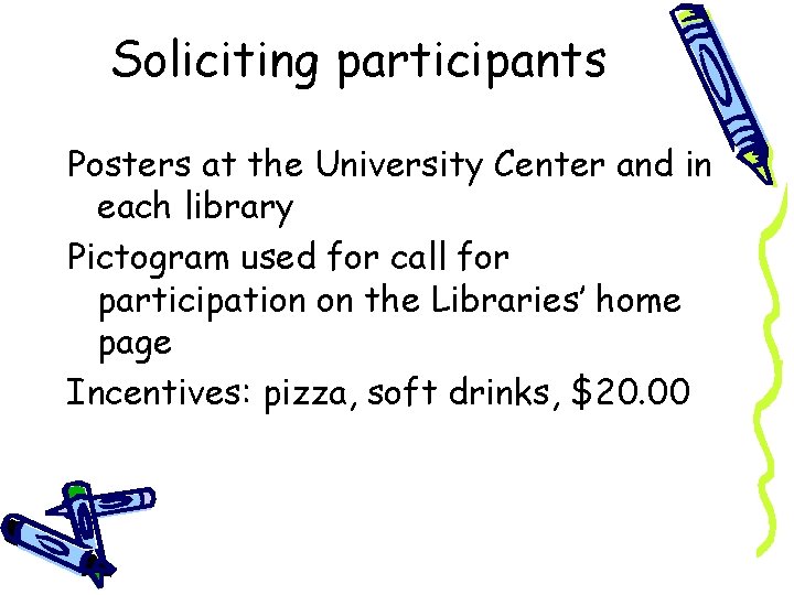 Soliciting participants Posters at the University Center and in each library Pictogram used for