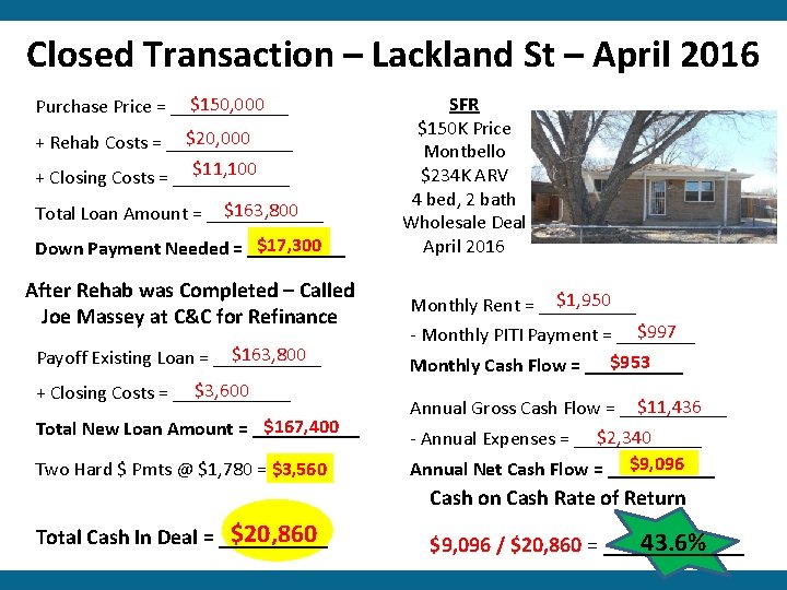 Closed Transaction – Lackland St – April 2016 $150, 000 Purchase Price = ______