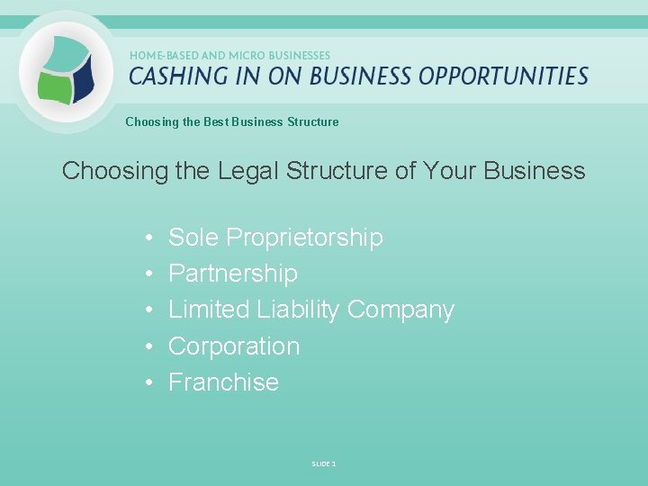 Choosing the Best Business Structure Choosing the Legal Structure of Your Business • •