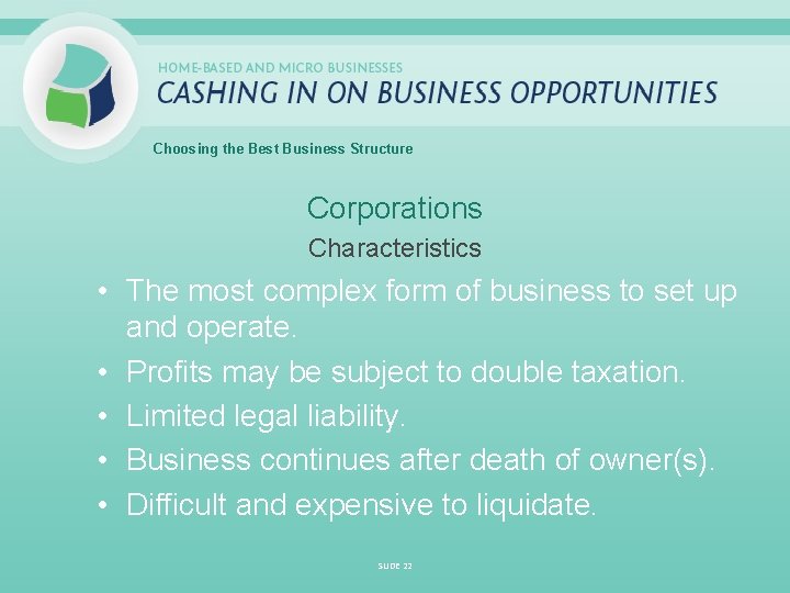Choosing the Best Business Structure Corporations Characteristics • The most complex form of business