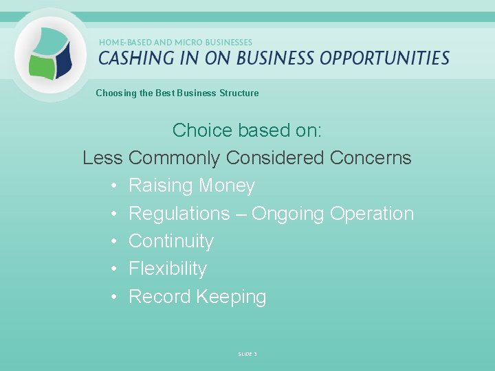 Choosing the Best Business Structure Choice based on: Less Commonly Considered Concerns • Raising