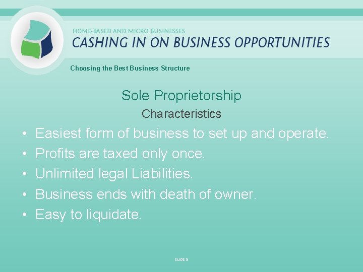 Choosing the Best Business Structure Sole Proprietorship Characteristics • • • Easiest form of