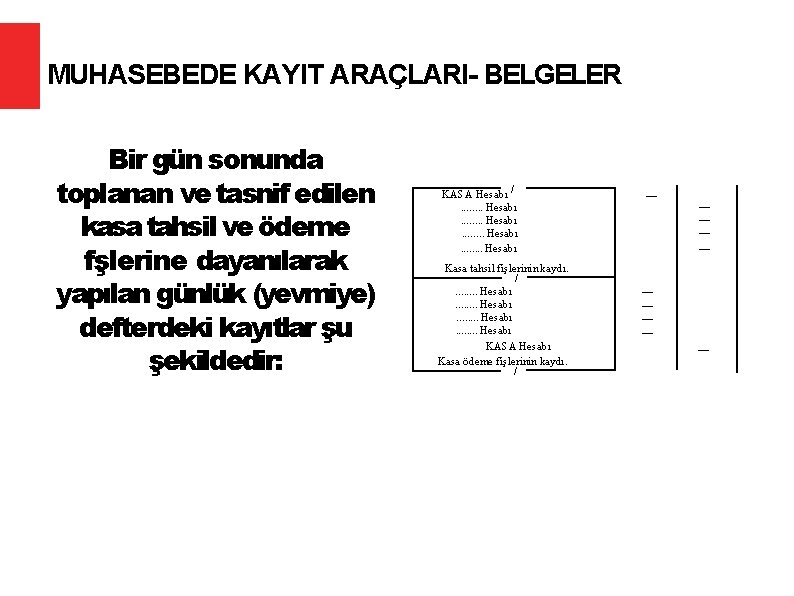 MUHASEBEDE KAYIT ARAÇLARI- BELGELER Bir gün sonunda toplanan ve tasnif edilen kasa tahsil ve