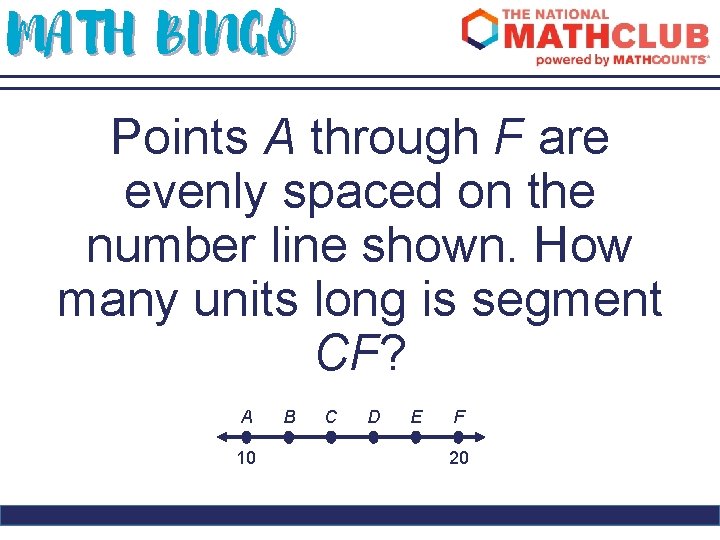 MATH BINGO Points A through F are evenly spaced on the number line shown.