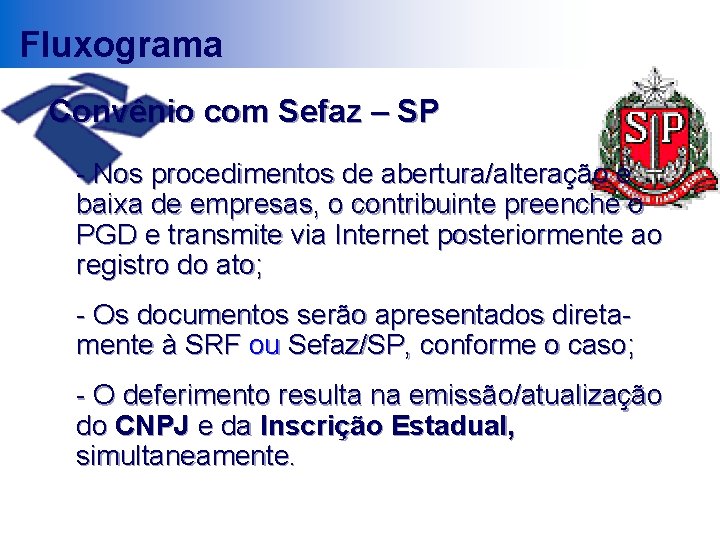 Fluxograma Convênio com Sefaz – SP - Nos procedimentos de abertura/alteração e baixa de