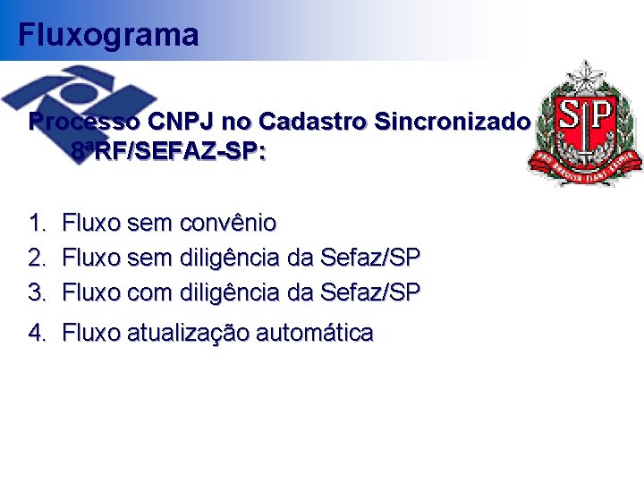 Fluxograma Processo CNPJ no Cadastro Sincronizado 8ªRF/SEFAZ-SP: 1. 2. 3. Fluxo sem convênio Fluxo