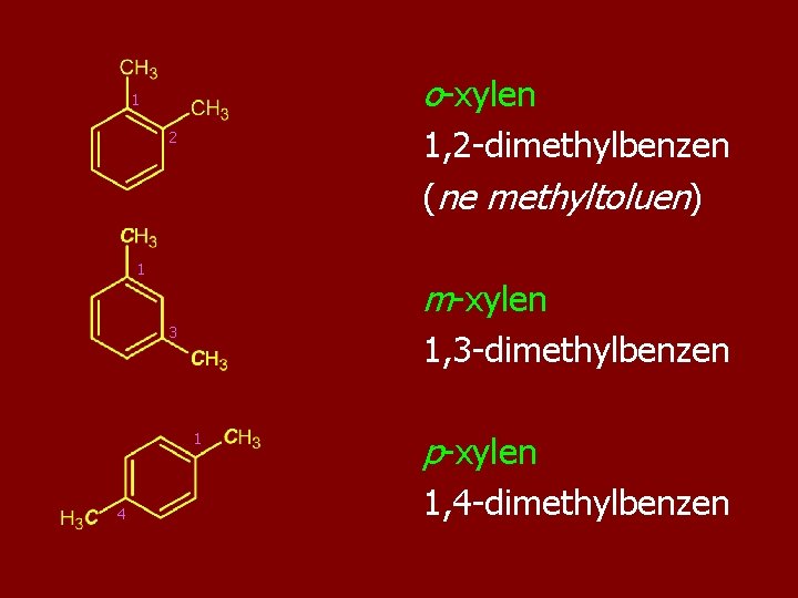 o-xylen 1 1, 2 -dimethylbenzen (ne methyltoluen) 2 1 m-xylen 3 1, 3 -dimethylbenzen