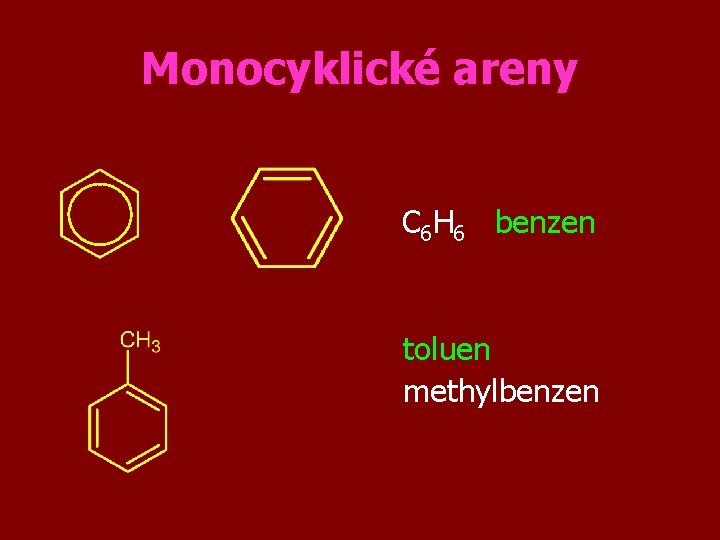 Monocyklické areny C 6 H 6 benzen toluen methylbenzen 